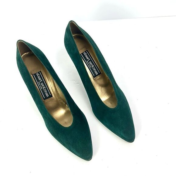 New Stuart Weitzman Green Suede Heels Pumps Gold Tone Leather Lining US 8 B - Picture 5 of 12